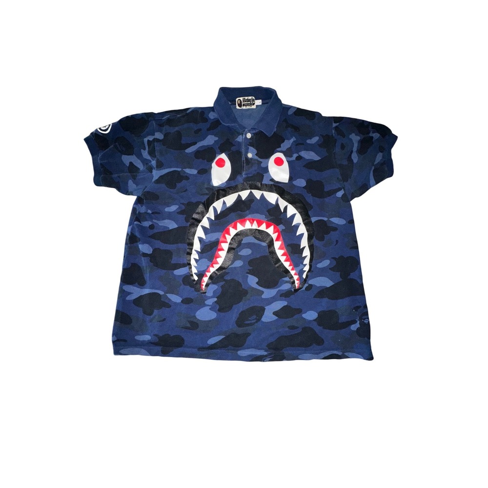 A Bathing Ape BAPE Blue Camo Polo Shirt Size Large